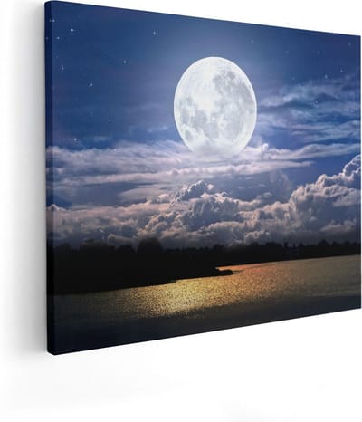 Artaza Canvas Schilderij Zee - 50x40 cm - Wanddecoratie Maan - Muurdecoratie Nachtlucht - Schilderijen Op Canvas