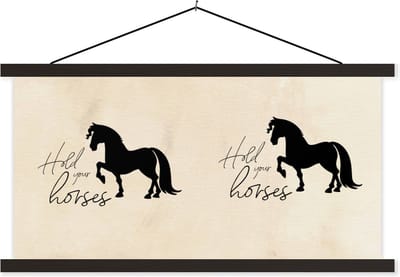 Posterhanger incl. Poster 60x30 cm - Schoolplaat - Spreuken - Paard - Quotes - Hold your horses - Textielposter - Zwarte latten