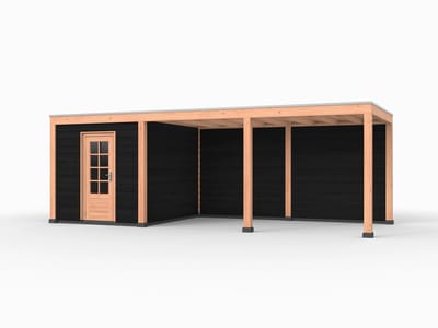 Douglas overkapping, 750 x 300, met achterwand en schuur, Westwood Elegant Plus zwart