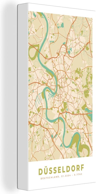 Canvas Schilderij Düsseldorf - Stadskaart - Plattegrond - Vintage - Kaart - 20x40 cm - Wanddecoratie