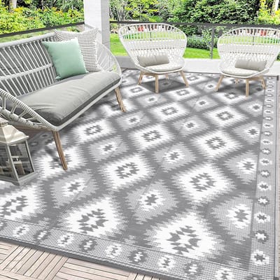 Outdoor tapijt, weerbestendig, grijs, 150 x 240 cm, balkontapijt, groot, campingtapijt, tuin, tapijt, outdoor, picknickdeken, opvouwbaar, vloermat, voor binnen en buiten