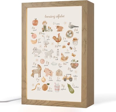 Nachtlampje 20x30 cm - Kinder lampje - Alfabet - Boerderij - Educatief - Letters leren voor kinderen - Dieren - Tafellamp kinderkamer - Slaapkamer lamp - Bedlamp kinderen - Kinderlampje stopcontact - Wandlamp babykamer - Nachtlampjes