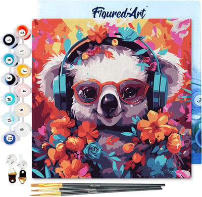 Figured'Art Mini Schilderen op Nummer Volwassenen 20x20cm met lijst Fantasie koala en bloemen - Klein Formaat Creatieve Hobby Kit DIY Art Nummer Compleet