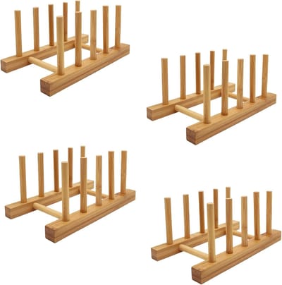 Famanu – Bamboe plaathouder afdruiprek voor kast – snijplank/dienblad/potdeksel organizer – 4 sleuven (set)