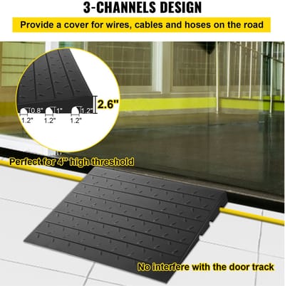 Verhoging Rubberen Drempel Ramp, 2,6" 3 Kanalen, Koorddeksel, Massief voor Rolstoel en Scootmobiel, 2202 Lbs Draagkracht, Rubber Materiaal