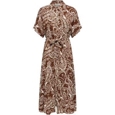 Only bruine dames jurk   Punt kraag   Regular fit   Paisley patroon   Knoopsluiting   Korte mouw Bruin XS