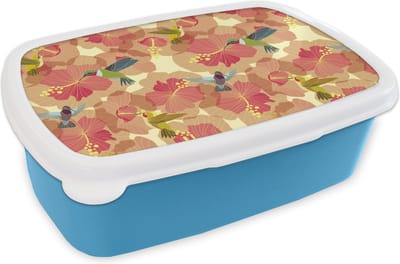 Broodtrommel Blauw - Lunchbox - Brooddoos - Vogel - Bloemen - Patronen - Kolibrie - 18x12x6 cm - Kinderen - Jongen