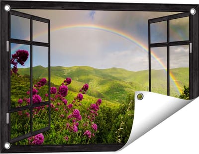 Gards Tuinposter Doorkijk Regenboog in de Heuvel Bossen - 60x40 cm - Tuindoek - Tuindecoratie - Wanddecoratie buiten - Tuinschilderij