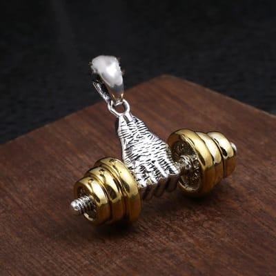 My Sweet Romance® – Fitness ketting | Dumbbell sieraad | krachttraining -Halsketting met Dumbbell – Zilver-Goud – 60 cm – RVS – Bedel 37 x 14 mm