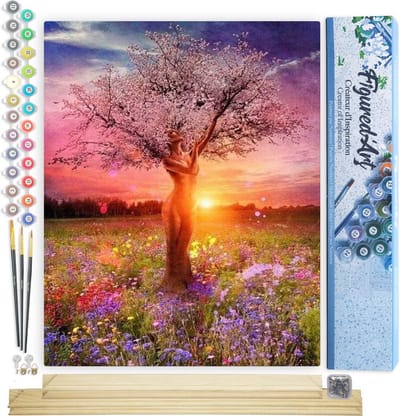 Figured'Art Schilderen op Nummer Volwassenen canvas Boom met vrouwelijk lichaam - Handwerk acrylverf Kit DIY Compleet - 40x50cm met DIY houten lijst