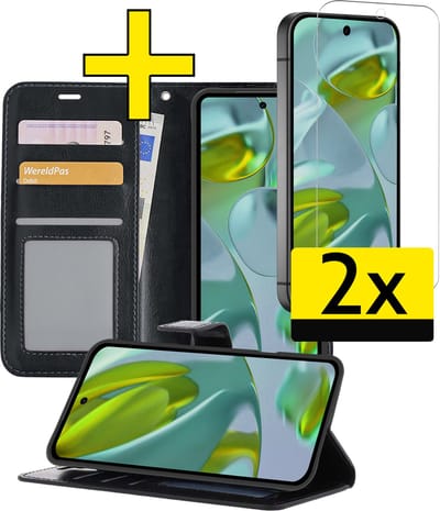 Hoesje - Met 2x Screenprotector - Geschikt voor Google Pixel 9 - Luxe Pasjeshouder - Bookcase Portemonee - Flip Case - Kunstleer Book Case - Flipcase Hoes - Book Cover - Walletcase - Portemonneehoes - Telefoonhoesjes - Zwart