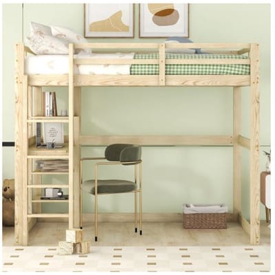 Verhoogd bed - MUVOE - 140 x 200 cm - Massief hout - 4 opbergvakken - Geïntegreerd bureau natuurlijk