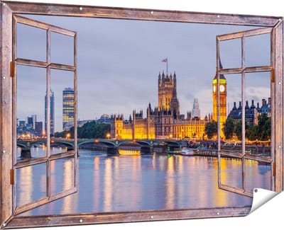 Gards Tuinposter Doorkijk London Big Ben en Westminster Brug - 180x120 cm - Tuindoek - Tuindecoratie - Wanddecoratie buiten - Tuinschilderij