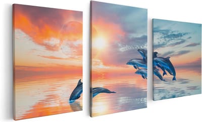 Artaza Canvas Schilderij Drieluik Groep Dolfijnen Springen uit het Water - 120x60 - Foto Op Canvas - Canvas Print