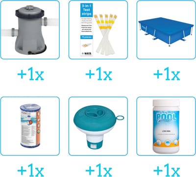 Accessoires voor Bestway Steel Pro Zwembad - 259x170x61 cm - Rechthoekig - Bestway - 56403 - Pomp - Testrips - Afdekzeil - Filter - Chloordrijver - Chloor