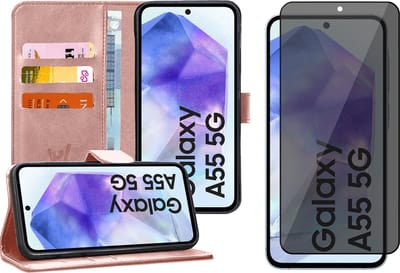 Hoesje geschikt voor Samsung Galaxy A55 - Privacy Screenprotector Volledig Dekkend Glas - Portemonnee Book Case Rosegoud