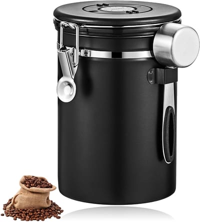 longziming - Roestvrijstalen Luchtdichte Koffie Container - 1,2L Vacuüm Koffiebus - Met Lepel En Tijdsaanduiding Opslag - Voor Koffiebonen, Thee, Noten, Cacao - Blijft Lang Vers