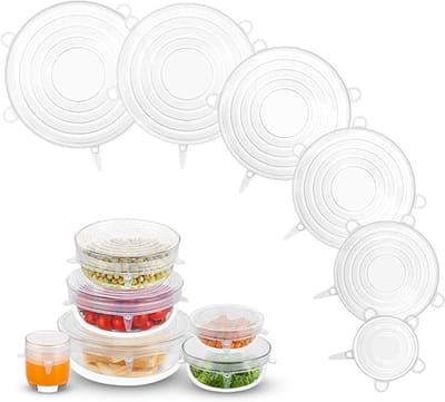 Famanu - Set van 6 rekbare siliconen deksels, geen afval, herbruikbaar voor etensresten, fruit, potten, potten (wit)