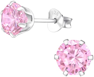 Joy|S - Zilveren oorknoppen - rond 6 mm - zirkonia roze - oorbellen