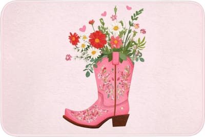 Badmat 90x60 cm - Antislip - Cowboylaarzen - Roze - Boeket - Bloemen - Badmatten voor badkamer - Badkamermat - Douchemat - Badkamer mat
