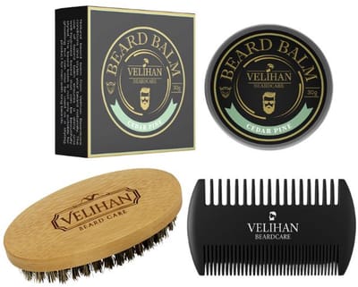 Velihan Beardcare - Baardverzorging Trio Pack - Baardbalsem Cedar Pine 30g, Baardborstel en Baardkam Baardverzorging set - Cadeau voor hem - Baardverzorging - Baard olie - Cadeau voor vriend - Baardgroei - Perfecte cadeau voor man