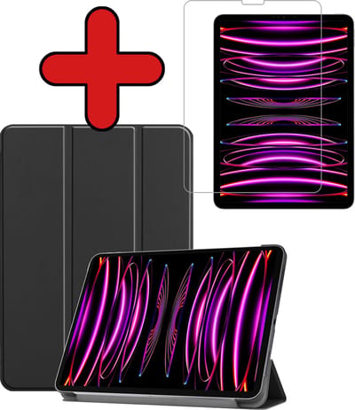 Hoesje - Geschikt voor Apple iPad Pro (2022) - 11 inch - 4e generatie - Met Screenprotector - Hardcover Book Case - Trifold Bookcase Hoes - Hard Cover - Tablethoes - Zwart