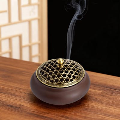 Dailygoods - Keramische wierookbrander, vintage wierookbrander met deksel, vuurvaste mat, keramische driepotige wierookschaal voor meditatie, yoga en aromatherapie, vuurvaste rookvat, decoratie, cadeau, woonkamer