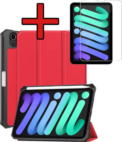 Hoesje - Geschikt voor Apple iPad Mini 7 (2024) - 8.3 inch - 7e Generatie - Met Screenprotector - Trifold Bookcase Hoes - Hard Cover Case - Met Uitsparing Geschikt voor Apple Pencil - Hardcover Book - Tablethoes - Rood