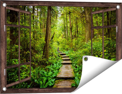 Gards Tuinposter Doorkijk Voetpad in het Bos met Groene Planten - 60x40 cm - Tuindoek - Tuindecoratie - Wanddecoratie buiten - Tuinschilderij
