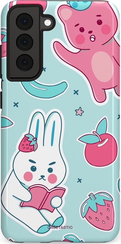 Casetastic hoesje geschikt voor Samsung Galaxy S21 FE 5G - Dubbellaagse bescherming - Fruitige vriendjes - Fashion Case - Mintgroen Lichtgrijs Lichtroze Wit