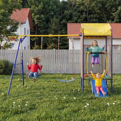 Speeltoestel met Trampoline - Schommelglijbaan Combinatie - Buiten Spelen - 4-in-1 Speelplezier - 336 x 217 x 238 cm - Meerkleurig