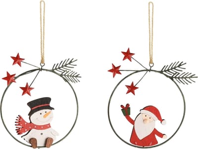 Dekoratief | Hanger ring m/santa/sneeuwman, rood/wit, metaal, 10x12x1cm, set van 2 stuks | A235664