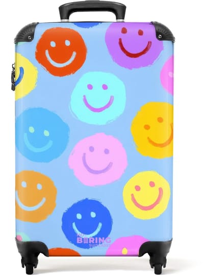 NoBoringSuitcases.com - Koffer - Regenboog smiley's op een blauwe achtergrond - Past binnen 55x40x20 cm en 55x35x25 cm - Trolley handbagage - Valiezen met wieltjes volwassenen - Reiskoffer op wielen - Rolkoffer lichtgewicht