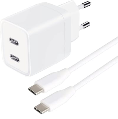 USB C Adapter - Snellader Geschikt voor Samsung Telefoon en Tablet - USB C naar USB C Kabel - 1 Meter - Oplaadkabel - TPE Materiaal - GaN Oplader - Dubbele USB C Poorten - 45W Vermogen - Incl. USB C Kabel - Stekkerblok - Wit