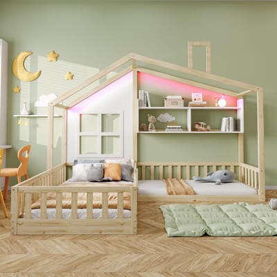 Kinderbed 90x200 cm (140x70 cm) met raamframe - LED-verlichting - massief houten bedlade - houtkleur - zonder matras