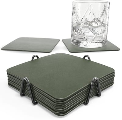 Castagnola Kunstlederen Onderzetters – Onderzetters voor Glazen – Design Onderzetters met Houder – Leren Onderzettersset met metalen houder – Leder – Set van 10 - Groen - 10x10cm