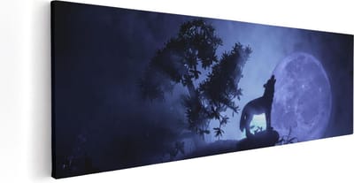 Artaza Canvas Schilderij Wolf Bij Volle Maan - 60x20 cm - Muurdecoratie Dieren - Wanddecoratie Nacht - Schilderijen Op Canvas