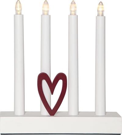 Star Trading Batterij-aangedreven kandelaar 'Hilma' met 4 LED-kaarsen, hartdecoratie, timer, wit-rood, B 22 cm, H 24,5 cm