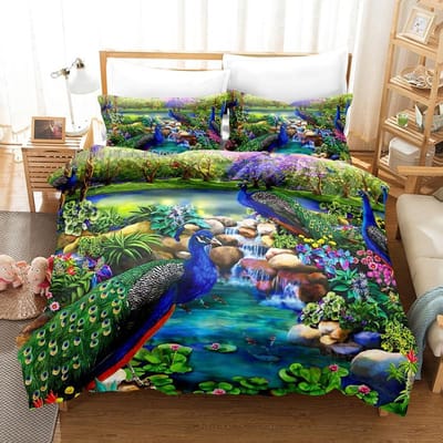 Dier Pauw 3D Beddengoed Collectie Landschap Dekbedovertrek Collecties Dekbed Met Beddengoed Cadeau Tweepersoons Queen King Enkel Formaat Luxe Mode Groen 140x200cm 3pcs
