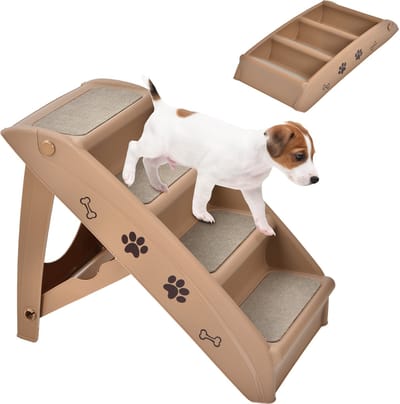 COSTWAY Huisdiertrap met 4 treden met vloerbedekking, hondentrap, kunststof kattentrap, opvouwbaar, hondenhelling, draagbaar, dierentrap voor honden en katten, dierenhelling om te klimmen en te