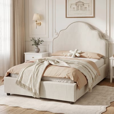 PHOEBE CAT Kinderbed - 90 x 200 cm - Gestoffeerd hoofdeinde - Linnen - Beige