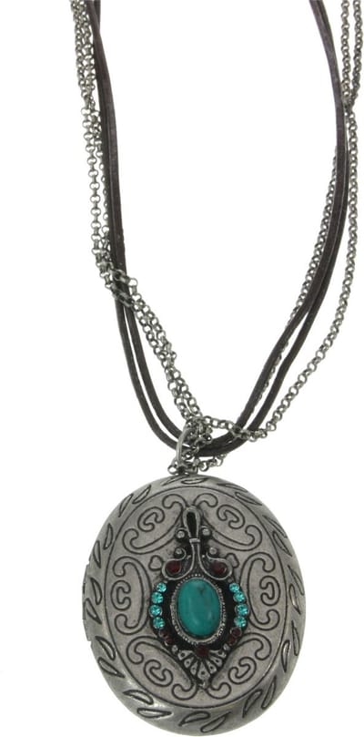 Behave - Lange Ketting - Lederen Koorden & Antiek Zilverkleurige O-Kettingen - Fotohanger met Blauw & Rood - 70 cm