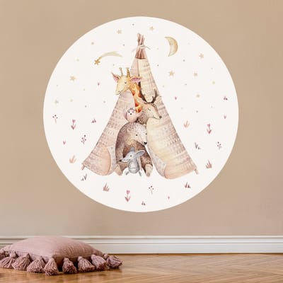 Muurcirkel Bosdieren tipi tent - Ø 100 cm - aquarel - wit - Dieren - Muurcirkel binnen - Wanddecoratie -muursticker - Babykamer en kinderkamer