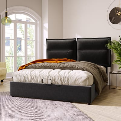 MEUNIQ gestoffeerd bed 140x200 cm met verstelbaar hoofdbord, hydraulische opbergruimte, fluwelen bekleding en zwart bedframe voor de slaapkamer