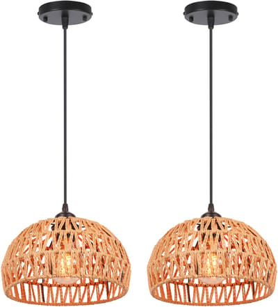 2 Stuks Hanglamp Geweven Boho 25cm Plafondlamp E27 Kroonluchter voor Slaapkamer Woonkamer Keuken Hal