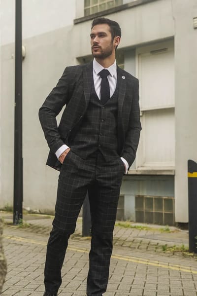 Heren Zwart Geruit 3-Delig Pak Met Tailored Fit