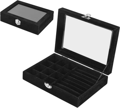 Multifunctionele Sieraden Organizer met Glazen Deksel, Luxe Sieradenopslag voor Ringen, Oorbellen, Kettingen en Armbanden in Zwart