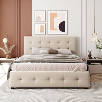KOMHTOM Tweepersoonsbed Bed met laden 140x200 cm fluwelen stof voor volwassenen en tieners beige