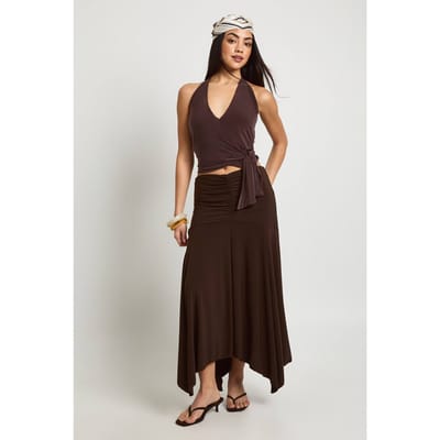 boohoo Dames Dubbele Laag Slinky Gerimpelde Paneel Puntige Zoom Midaxi Rok | Chocoladebruin | Maat: 40