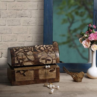 Houten Sieraden Doos - Opbergdoos Organizer - Sieraden Opbergen - Handgesneden Levensboom - 22 x 15 x 15 cm - Antiek